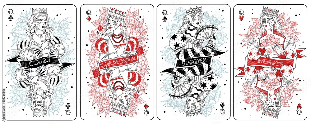 Playing cards queens set - obrazy, fototapety, plakaty 