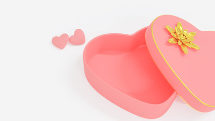 3D illustration rendering. A pastel red gift box with a golden ribbon and the two heart on the white background. Concept  the happy in Valentine day and sweet love.