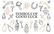 Charms of Good Luck. Hand drawn doodle Lucky symbols set. Luck symbols of wealth elements Ladybug Clover Horseshoe Wishbone. symbols of luck