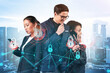 © VideoFlow - Group of business colleagues as a part of multinational corporate team working on project to protect clients information at cybersecurity compliance division. IT lock icons over Singapore