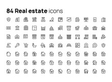 Real Estate. High Quality Concepts Of Linear Minimalistic Flat Vector Icons Set For Web Sites, Interface Of Mobile Applications And Design Of Printed Products.
