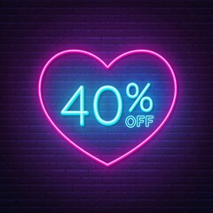 Wall Mural - 40 percent off neon sign in a heart shape frame. Valentine day discount lighting design .