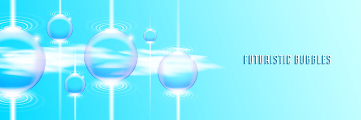 Rectangular blue poster with futuristic glowing bubbles in the clouds. EPS10