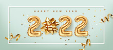 2022 Golden Decoration Holiday On Blue Background. Gold Foil Balloons Numeral 2022 With Realistic Festive Objects,, Glitter Gold Confetti And Serpentine. Shiny Party Background. Horizontal Banner