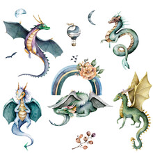 Set Of Fairytale Dragons. Hand Drawn Watercolor Cute Mythology Cartoon Isolated Illustration On White Background