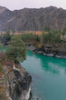Newlyweds stand on stones by the blue river in autumn in Altai