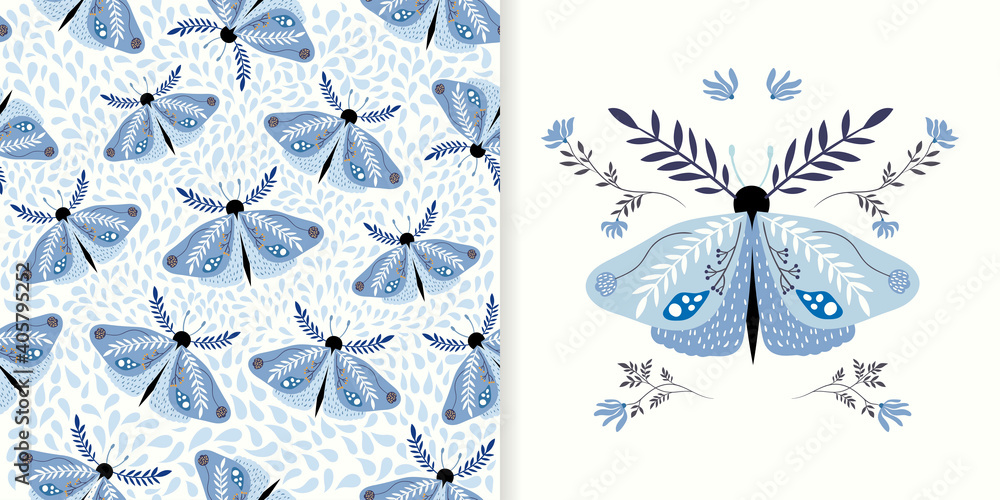 Bohemian collection with blue moths and flowers, seamless pattern and ...