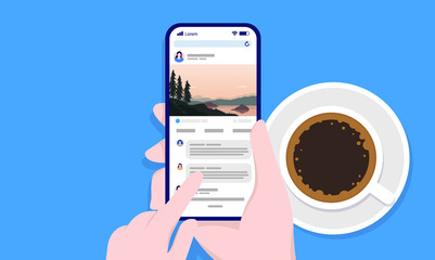 Fototapete - Checking social media in the morning - Hands with smartphone reading online with a cup of coffee. Vector illustration.