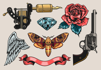 Wall Mural - Retro tattoo line art set. Vintage gun, rose, revolver, ribbon, diamond clipart vector illustration collection. Tattoo studio and design elements concept