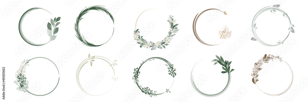 Set of greenery leaf wreaths and bouquets frame with watercolor - obrazy, fototapety, plakaty 