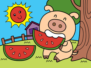 Wall Mural - A pig is eating watermelon slice under a tree in summer day