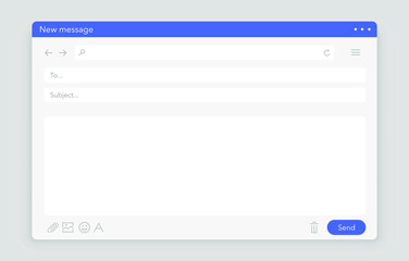 Email interface. Mail window template, internet message isolated frame, blank email. Modern flat design.