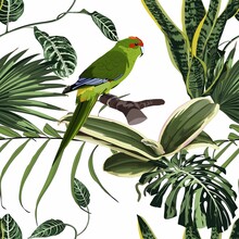 Tropical Floral Print. Parrot Bird In The Jungle In The Exotic Forest, Seamless Pattern For Fashion, Wallpaoer And All Prints On Vintage White Backdrop.