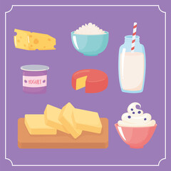 Sticker - milk dairy product cartoon icons set cheese yogurt butter beverage