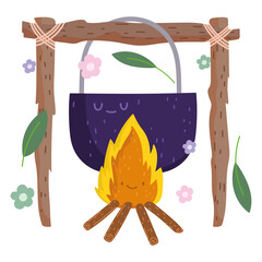 Sticker - camping pot over a bonfire in cartoon style