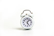 White alarm clock on white background. Time is money mockup. Time-limit. Business deadline. Copy space