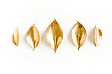 Pattern, Texture With Gold Leaves Isolated On White Background. Flat Lay, Top View