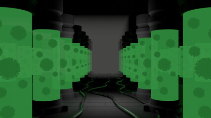3d illustration graphic of a dark cold storage laboratory having giant test tubes and the samples of viruses inside the tube.