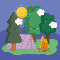 Sticker - camping forest tent bonfire sun clouds in cartoon style design