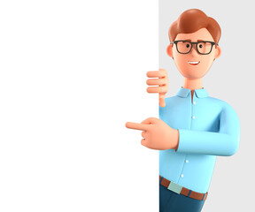 3D illustration of happy man pointing finger at blank presentation or information board. Close up portrait of cute cartoon smiling businessman with advertising placard.