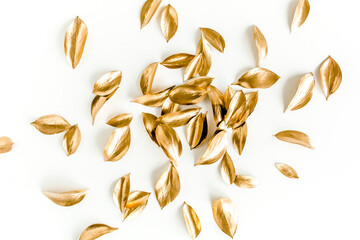 Pattern, texture with gold leaves isolated on white background. flat lay, top view