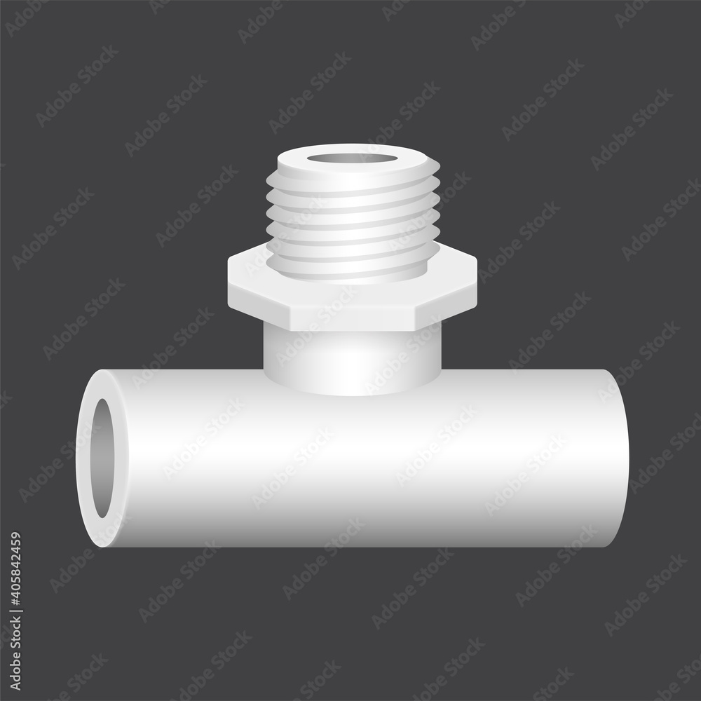 PVC plastic pipe fitting vector icon. 3 way (tee) male. Slip socket ...
