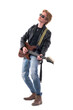 © sharplaninac - Young stylish talented male rock music guitarist playing electric guitar with passion looking up. Full body isolated on white background.