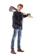 © sharplaninac - Macho rocker male guitarist carrying guitar on shoulder smiling and looking down. Full body isolated on white background.