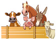 © StanMikov  - Farm animals, illustration of farm with all farm animals: cow, pig, horse, goat, donkey. Vector illustration