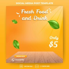 Wall Mural - Editable square banner design. Orange background color with place product. Leaf and sunlight illustration. Suitable for social media feed, banner, and web ads. Flat design vector with a photo collage.