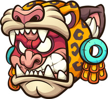 Aztec Jaguar Warrior With Angry Face Cartoon. Vector Clip Art Illustration With Simple Gradients. All On A Single Layer.
