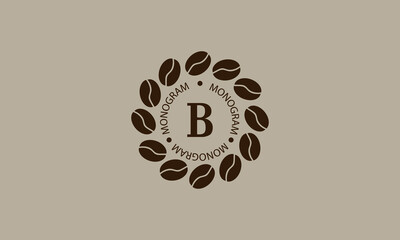 Coffee shop, vector logo on a light brown background. Creative vector sign, illustration of emblem with letter B. Minimalistic monogram on coffee background.