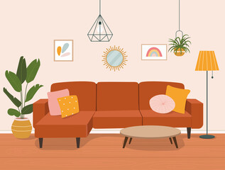 Wall Mural - Furniture: sofa, bookcase, picture. Living room interior.Flat style cartoon vector illustration.