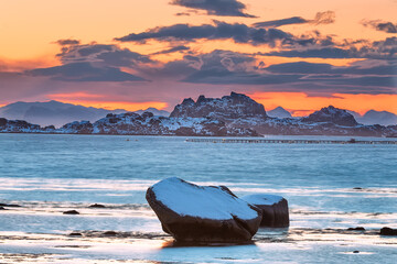 Wall Mural - typical winter sunset in the fjords. lofoten islands, norway