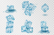 Water splashing and ice cube with transparency. Set of realistic translucent ice cubes in blue color