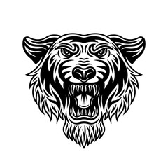 Wall Mural - Tiger head front view vector illustration in vintage detailed monochrome style isolated on white background