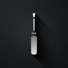 Sticker - Silver Screwdriver icon isolated on black background. Service tool symbol. Long shadow style. Vector Illustration.