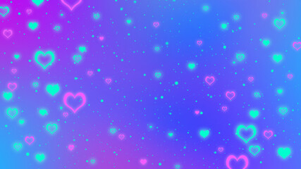 Sticker - Abstract blurred blue and purple gradient background with glowing turquoise and pink hearts. Vivid Valentines day background