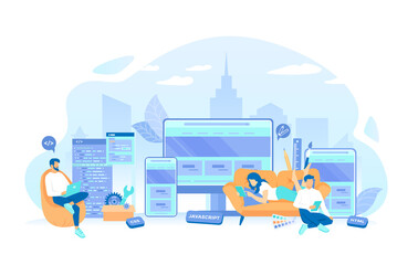 Wall Mural - the programmer is developing a website ui ux interface on monitor screen, tablet, phone. frontend de