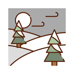 Sticker - landscape winter forest trees wind cold nature cartoon, filled line flat colors