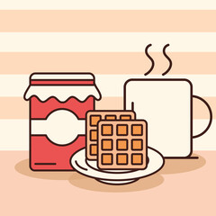 Poster - breakfast waffle jam and coffee cup line and fill style