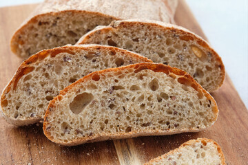 Fresh homemade rye ciabatta. The concept of comfortable delicious family food. Carbohydrates. Bakery.