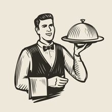Waiter With A Tray Sketch. Restaurant, Food Service Vector