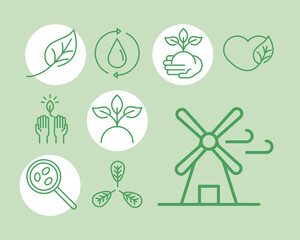 Sticker - organic natural icons set agriculture food nature ecology sustainable related green line style