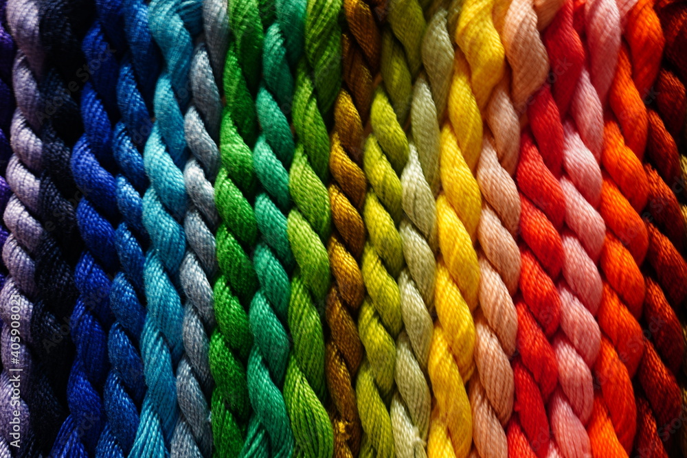 Full Frame Shot Of Multi Colored Wool On Table - obrazy, fototapety, plakaty 