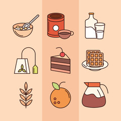 Sticker - breakfast menu ingredient cereal coffee cake fruit icons set line and fill style