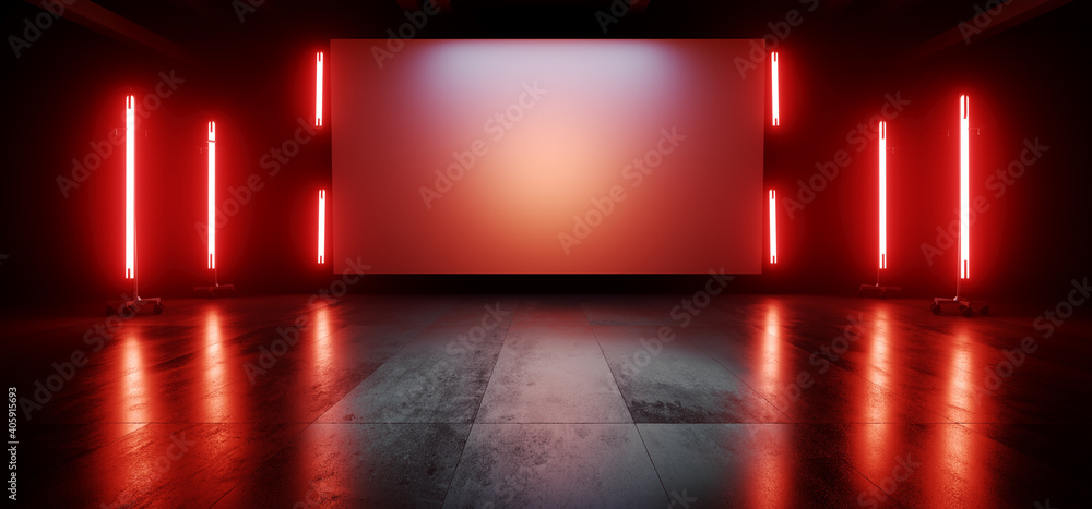 Neon Red Orange Stage Showroom Scene Concrete Floor Big White Billboard Plane Empty Vibrant Spaceship Sci Fi Futuristic Showcase Club Show Dark Cyber Virtual 3D Rendering - obrazy, fototapety, plakaty 