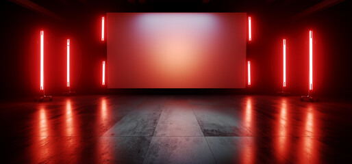 neon red orange stage showroom scene concrete floor big white billboard plane empty vibrant spaceshi