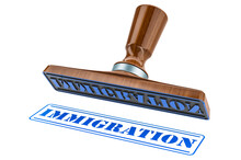Immigration In Stamp. Wooden Stamper, Seal With Text Immigration, 3D Rendering