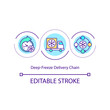 Deep-freeze delivery chain concept icon. Temperature-controlled supply chain for vaccines idea thin line illustration. Covid vaccine. Vector isolated outline RGB color drawing. Editable stroke